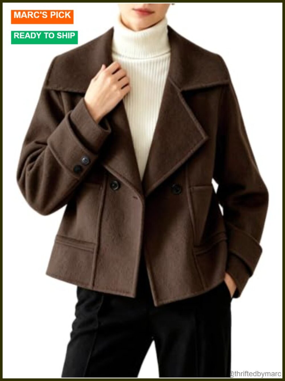 Cropped Wool Pea Coat Notched Lapel Button Double Breasted Pockets